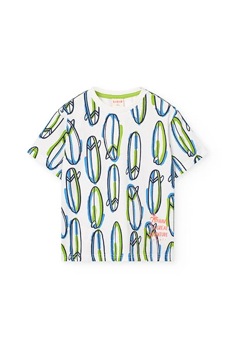 White knit T-shirt for boys with surfers print