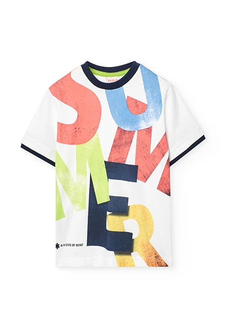 Camiseta de punto para niño en color blanco con estampado de letras