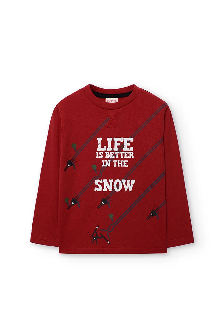 T-shirt garçon en coton rouge ski