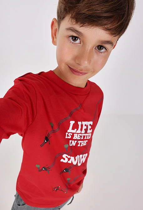 T-shirt garçon en coton rouge ski