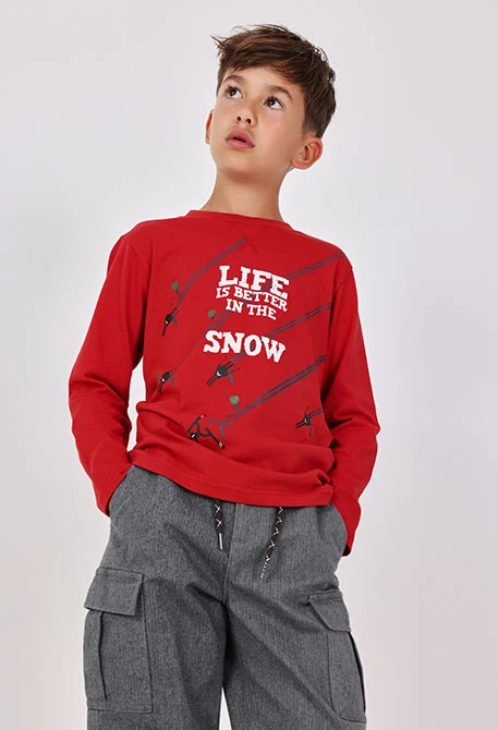 T-shirt garçon en coton rouge ski