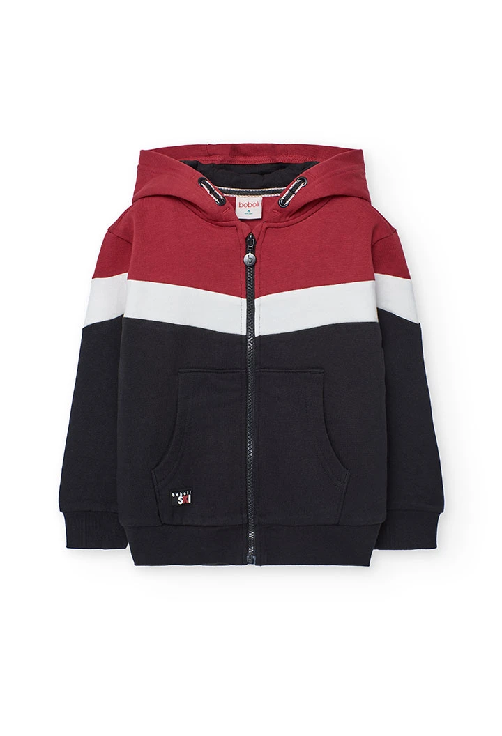 Boy´s jacket in black, red, and white fleece.