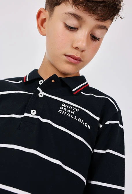 Polo garçon gris à rayures noires et blanches
