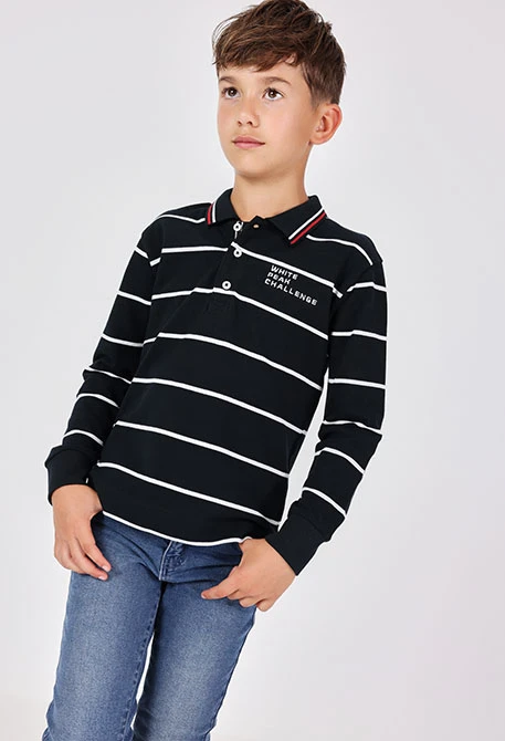Polo garçon gris à rayures noires et blanches