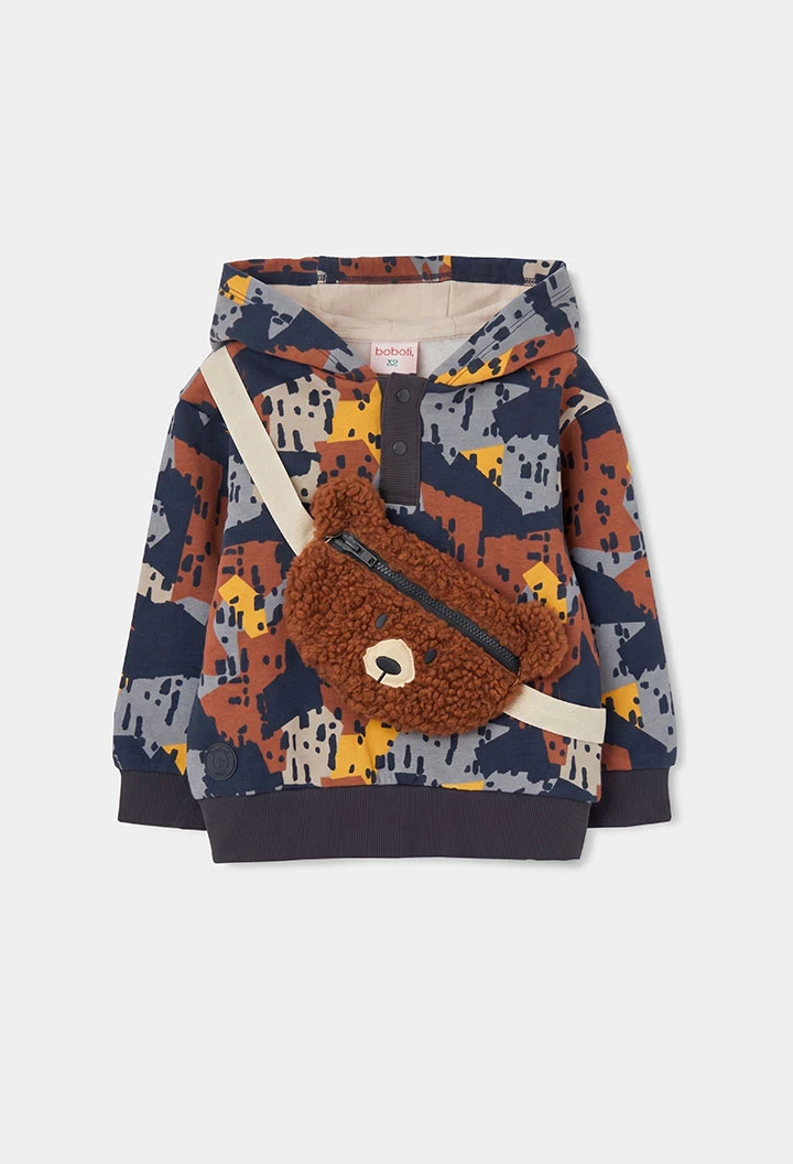 Navy blue printed fleece sweatshirt for boys with teddy bear