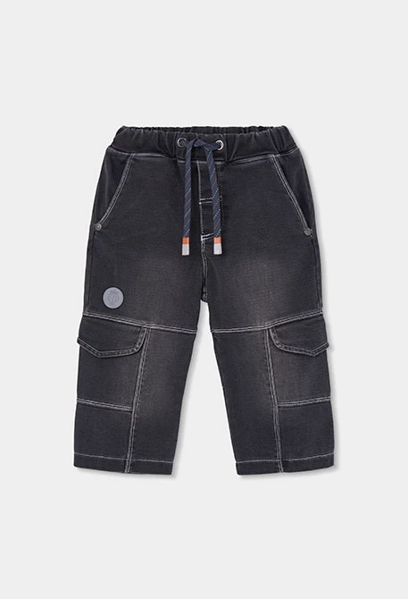 Pantalone denim bambino nero con tasche cargo