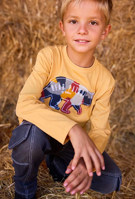 T-shirt en maille garçon jaune à imprimé ours