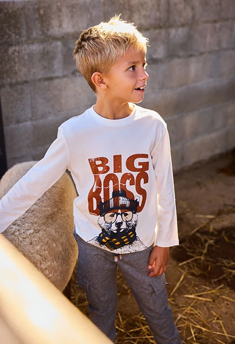 White bear print boys\' knitted T-shirt