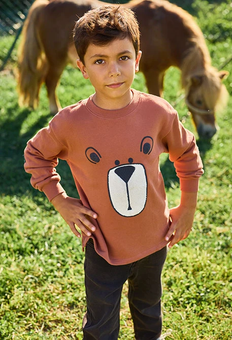 Boys\' orange bear print fleece sweatshirt