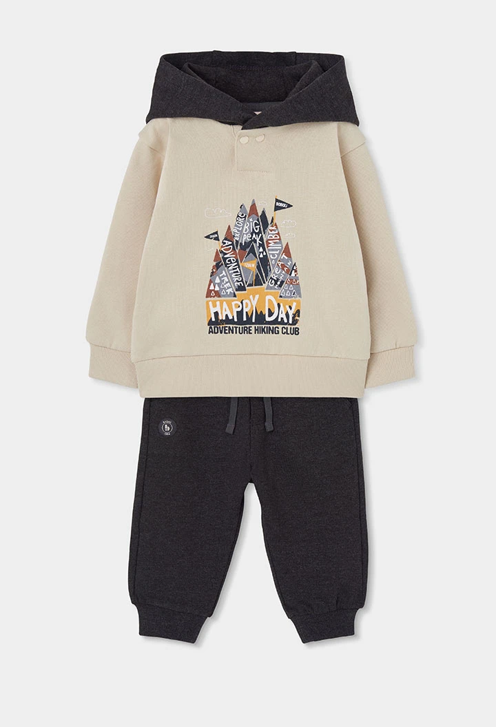 Completo in felpa bambino beige con stampa montagne