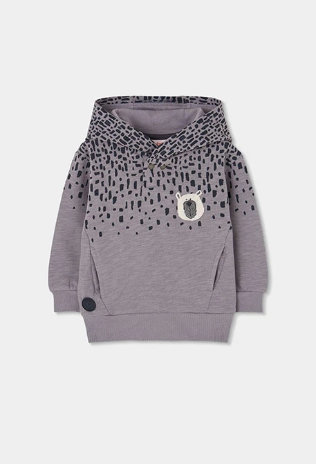 Grey hooded fleece sweatshirt for boys with printed hood