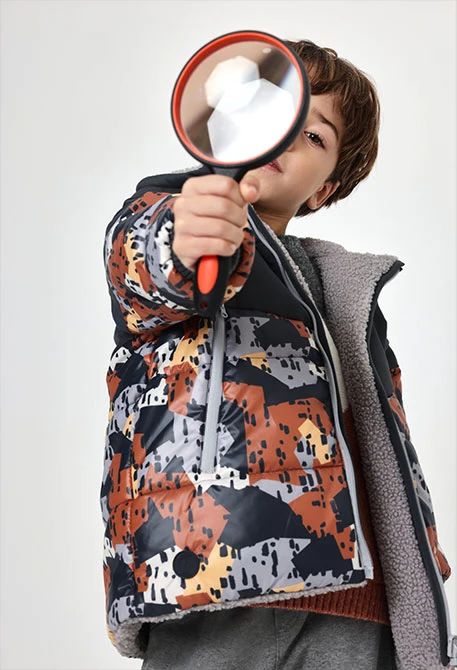 Reversible camo print technical knit parka for boys