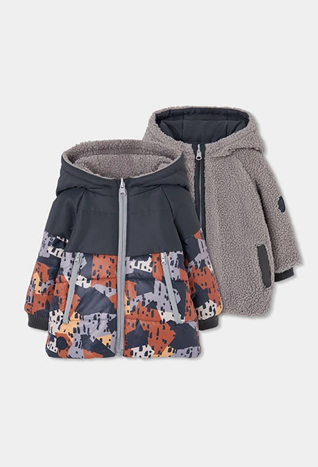 Parka em tecido técnico para menino reversível com estampado camo