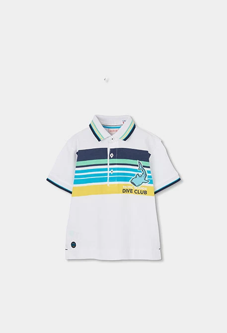 Kinder-Poloshirt aus weißem Baumwollstoff mit Aufdruck