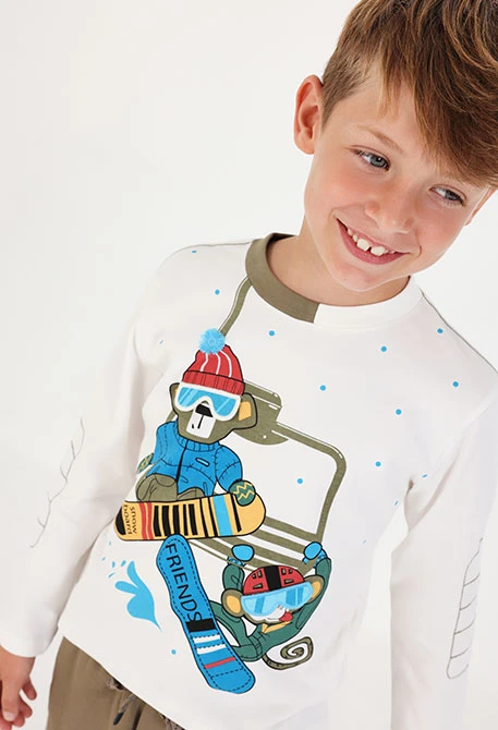 Samarreta de punt nen blanca estampat monos snowboard