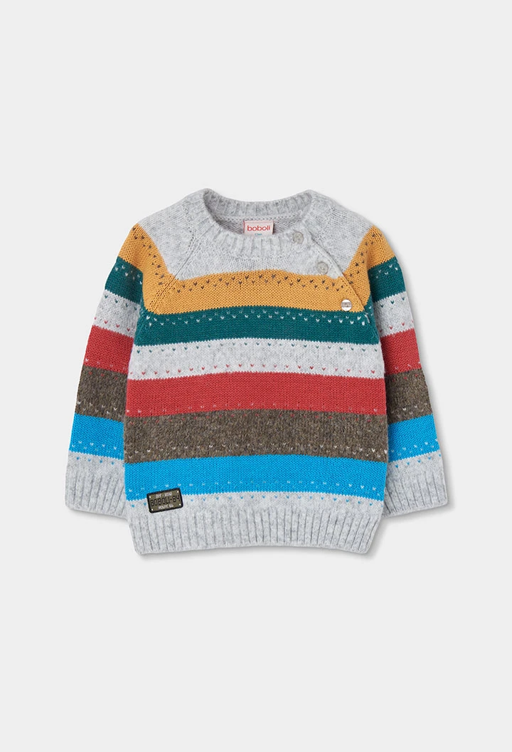 Pull garçon écru à rayures multicolores