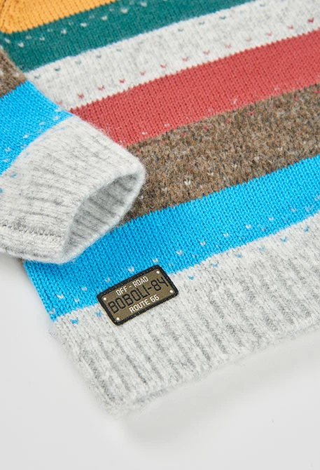 Pull garçon écru à rayures multicolores