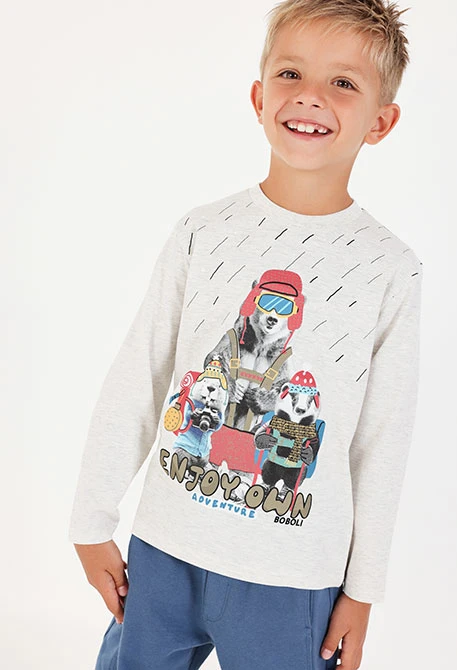 Strick-T-Shirt für Jungen in Rohweißfarbe mit Tierprint