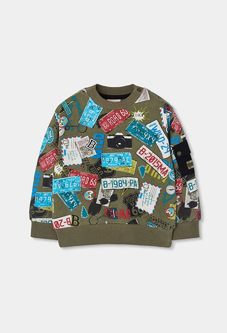 Khaki printed number plate fleece sweatshirt for boys