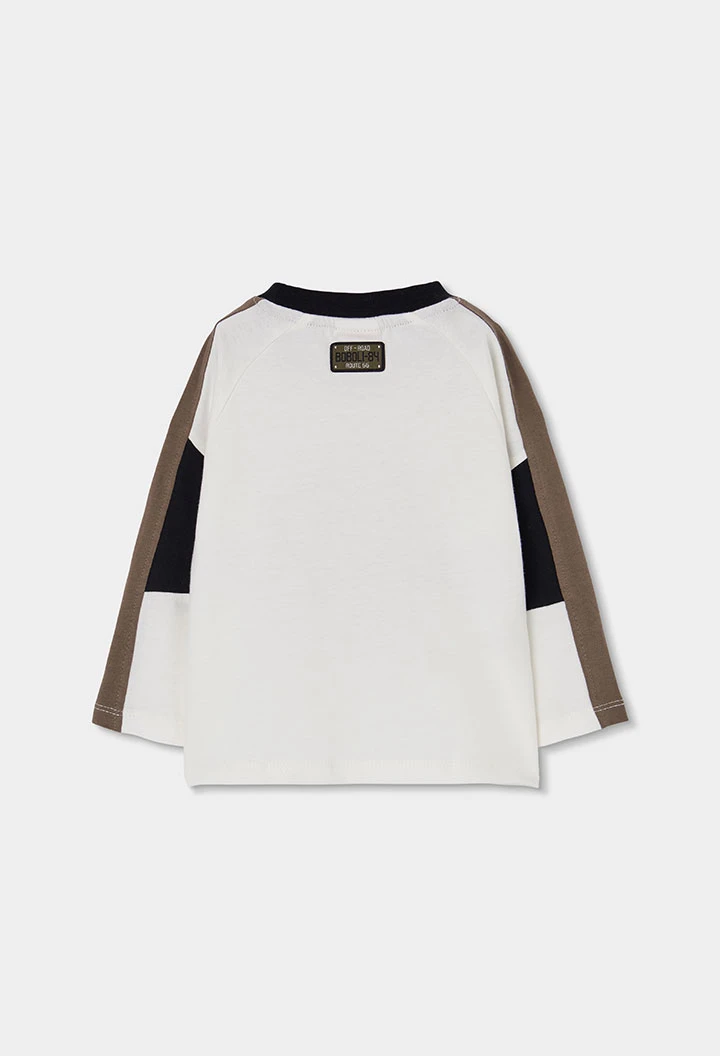 T-shirt maille garçon blanc cassé imprimé voiture aventure