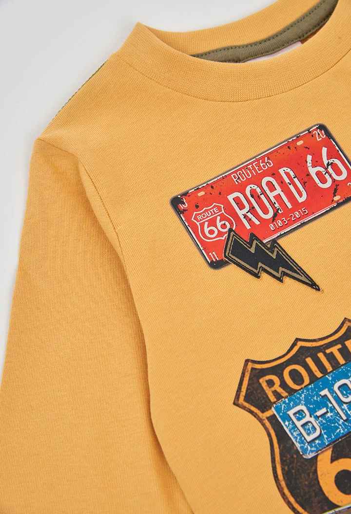 T-shirt maille garçon jaune imprimé Route 66