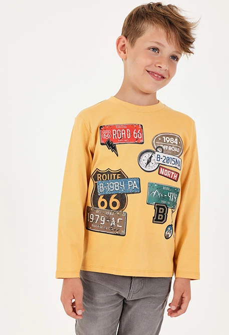 Yellow Route 66 print knitted boy\'s T-shirt