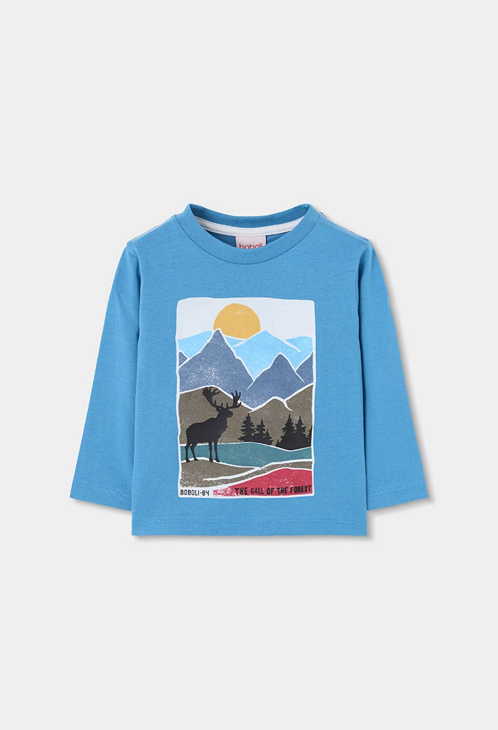 T-shirt maille garçon bleu imprimé cerf
