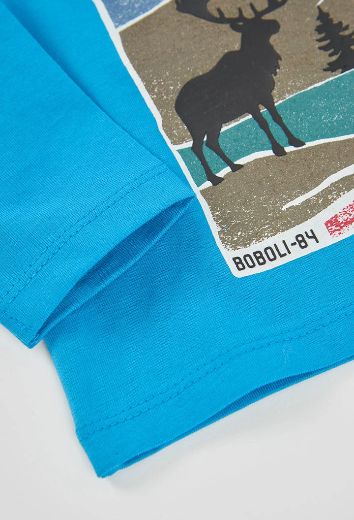 T-shirt maille garçon bleu imprimé cerf