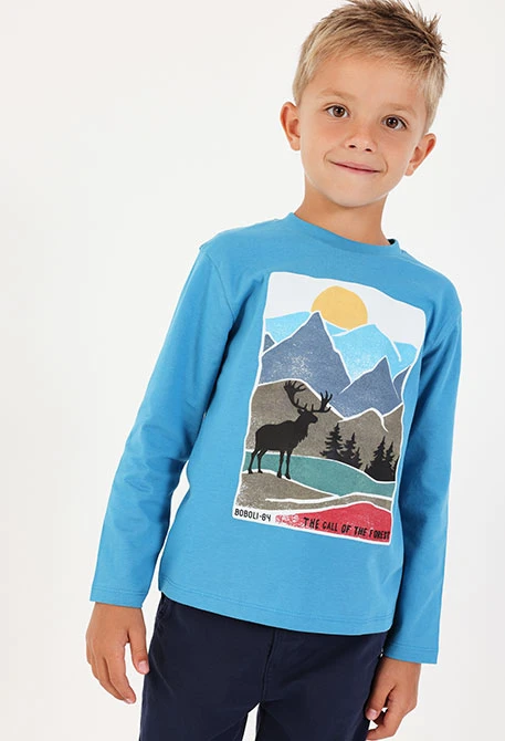 Camiseta de malha menino azul estampado de veado