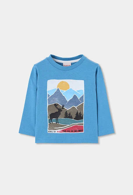 Blue deer print knitted boy\'s T-shirt