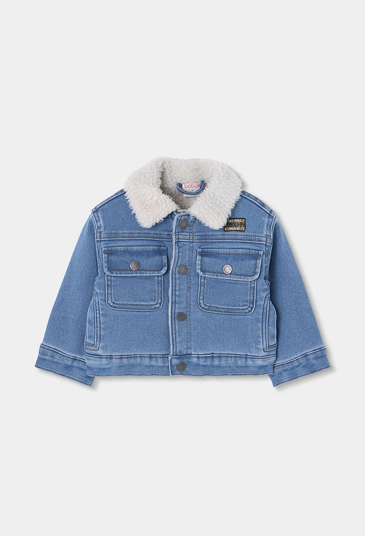 Blue denim knitted boy\'s jacket with fleece collar