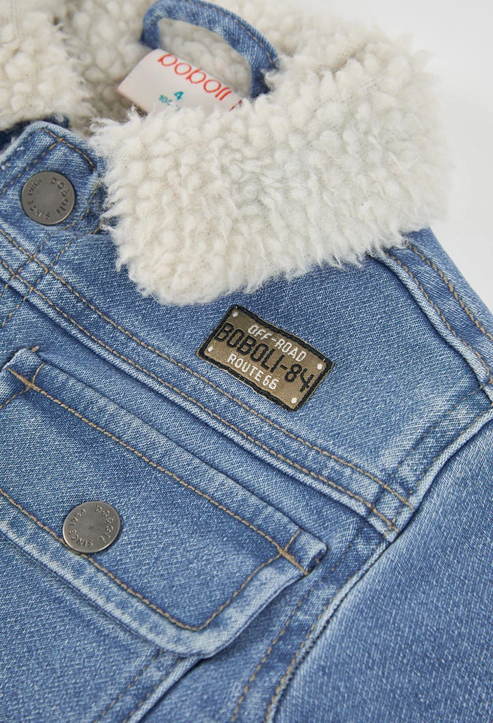Blue denim knitted boy\'s jacket with fleece collar