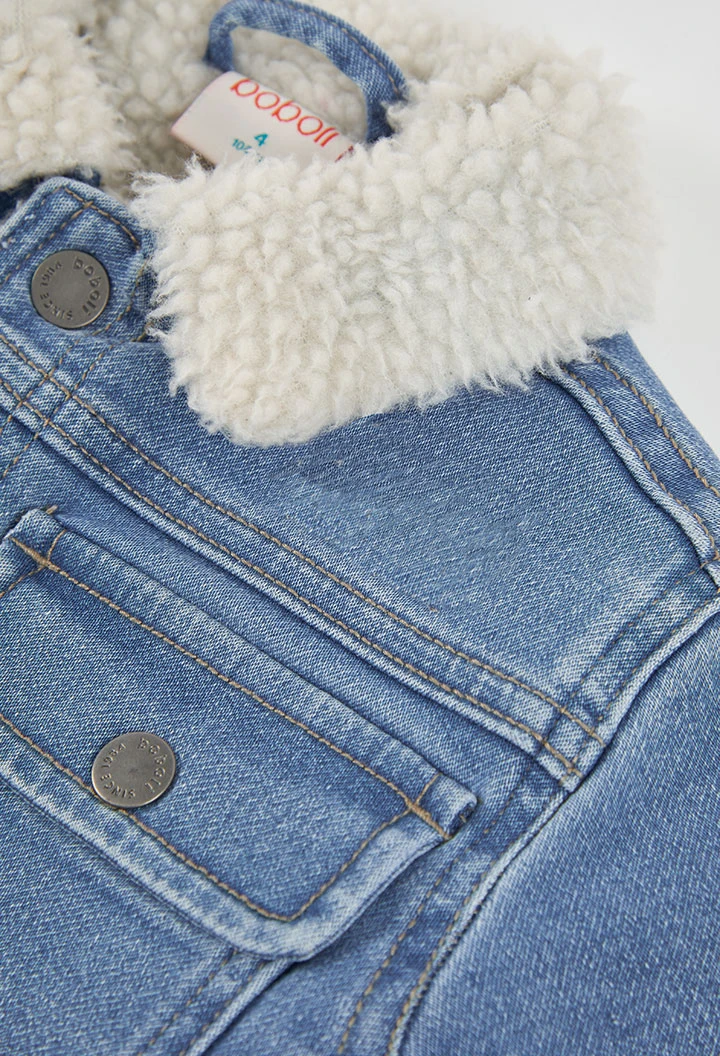 Blue denim knitted boy\'s jacket with fleece collar