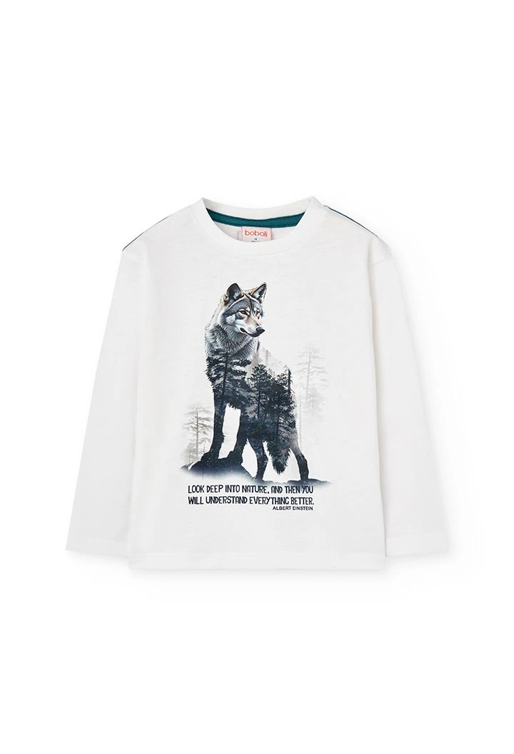Jungen T-Shirt aus Strick, Weiß, Wolf