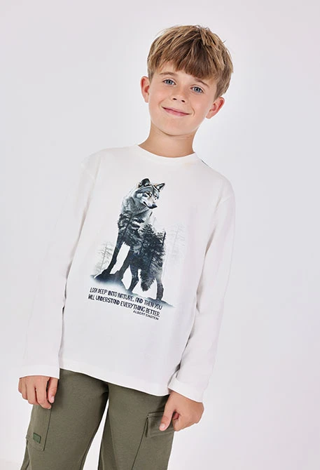 Jungen T-Shirt aus Strick, Weiß, Wolf