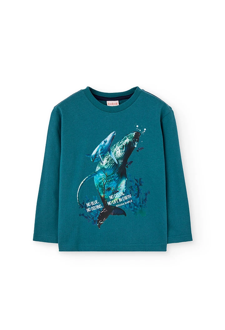 Camiseta niño algodón verde animales marinos