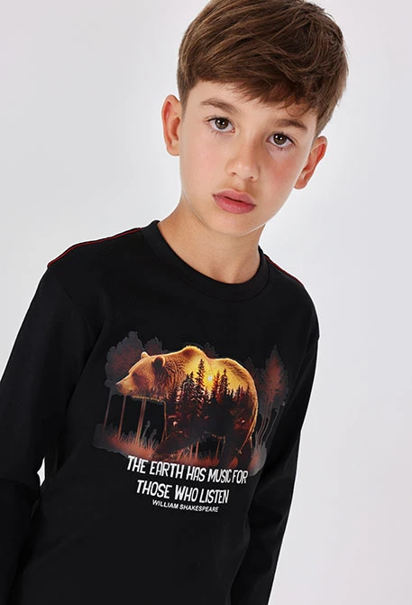 Black cotton bear T-shirt for boy