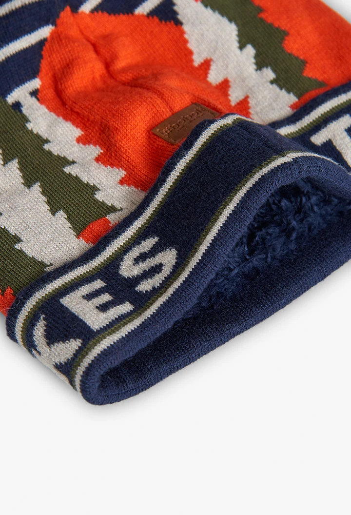 Navy blue hat with stripes and pompom