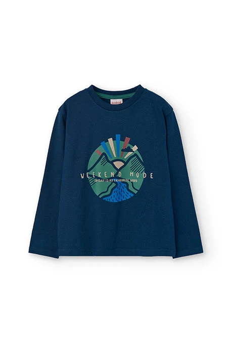 Basic knitted T-shirt for boys printed in navy blue