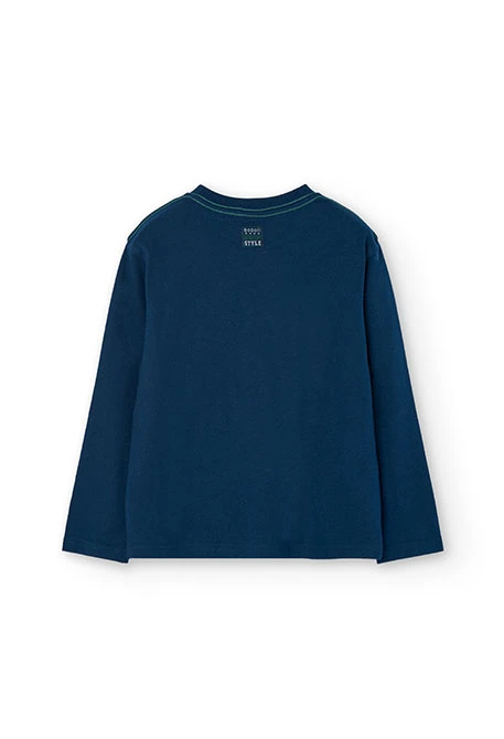 Basic knitted T-shirt for boys printed in navy blue