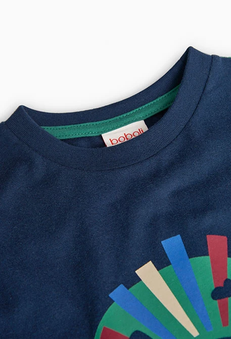 Basic knitted T-shirt for boys printed in navy blue