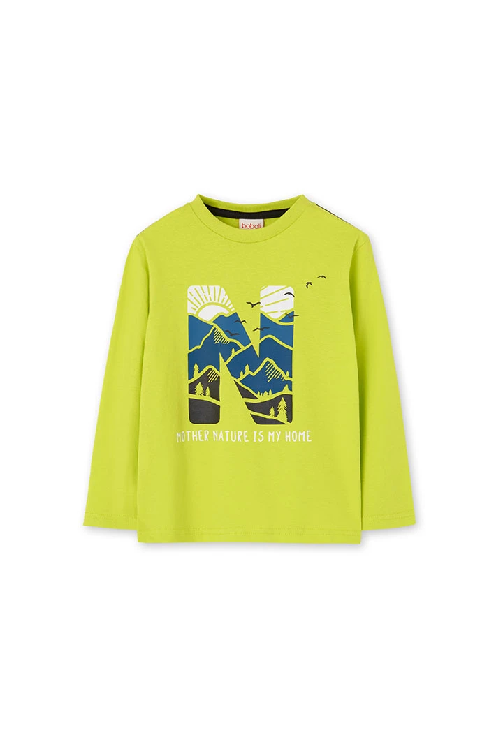 Basic knitted T-shirt for boys printed in lime green