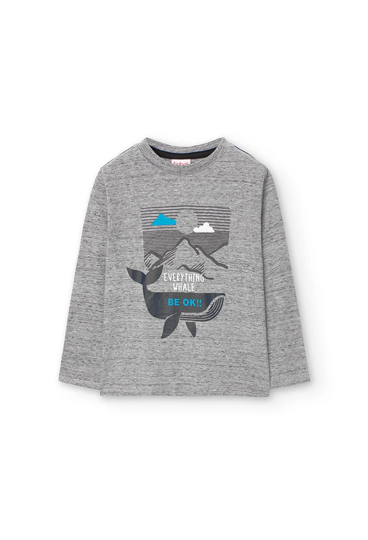 Camiseta básica de punto para niño estampada en gris