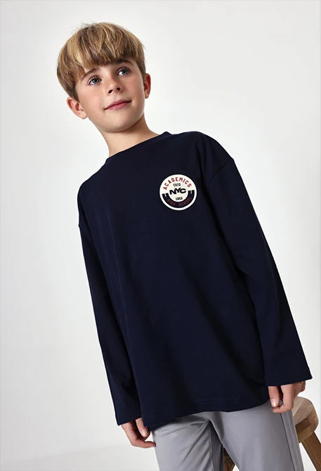 Navy blue knitted boy\'s T-shirt with NYC patch