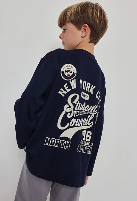 Navy blue knitted boy\'s T-shirt with NYC patch
