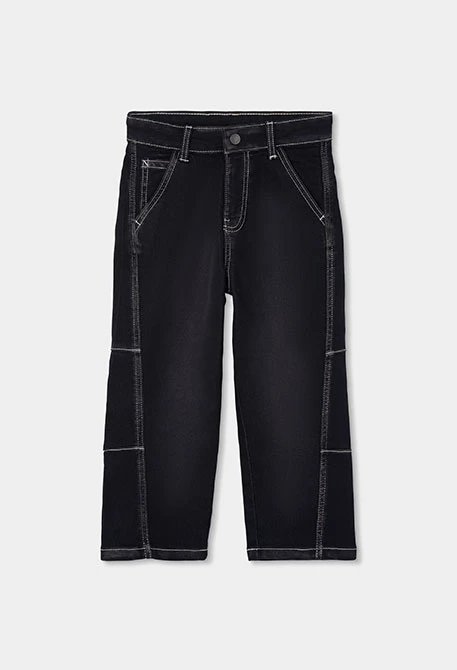 Pantalón denim niño negro con costuras blancas