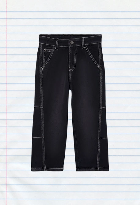 Pantalón denim niño negro con costuras blancas