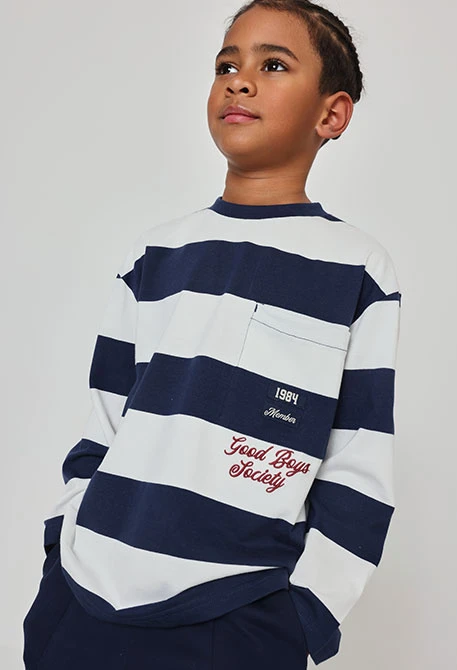 T-shirt en maille garçon rayé bleu marine et blanc