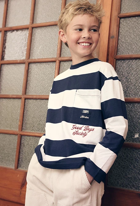 Camiseta punto niño listada azul marino y blanco