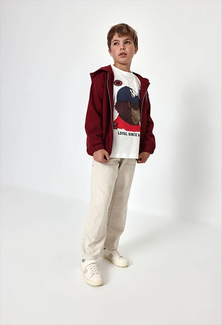 Casaco de pelúcia menino grená estampado Oxford